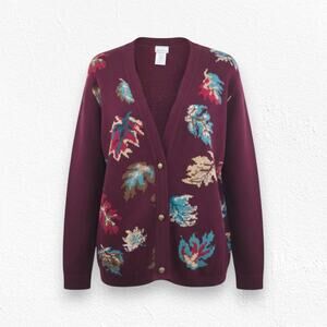 Vintage 90s Burgundy Red Leaf Print Button Front Cardigan USA Made Size Medium